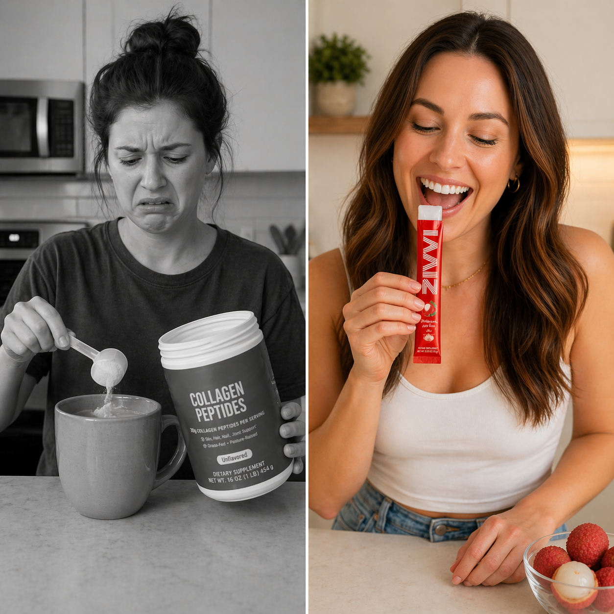 Woman enjoying a lychee collagen jelly stick