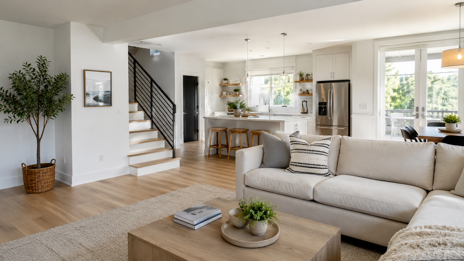 Clean, modern open-plan home interior with a living room, staircase and kitchen