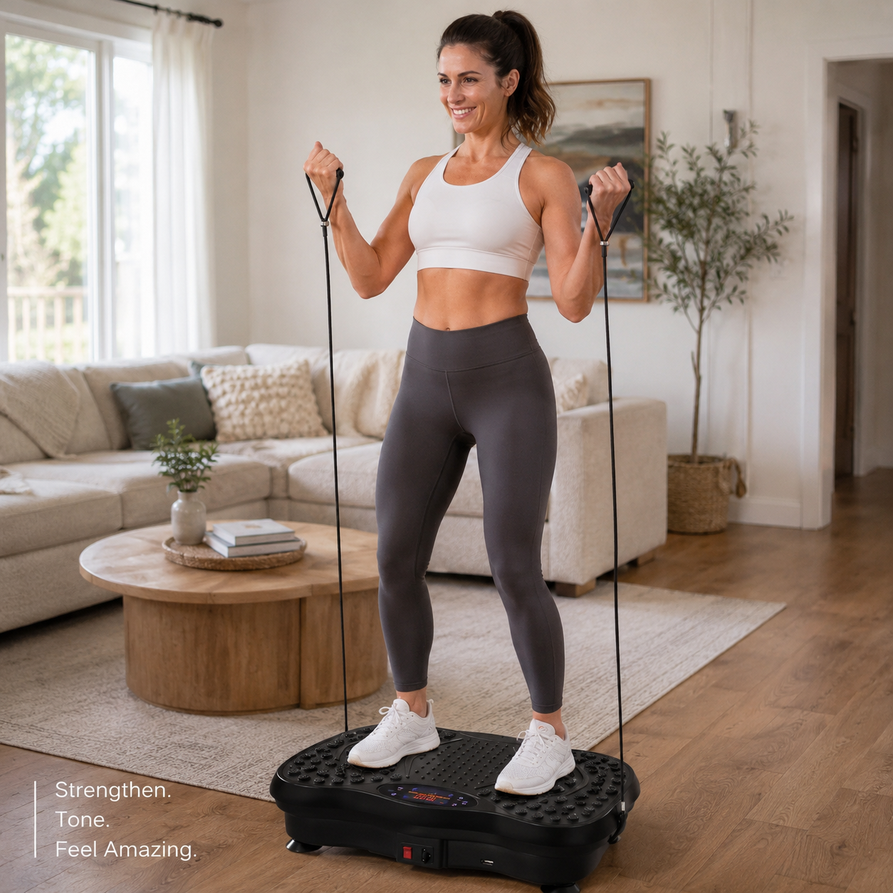 Woman using VIVRA vibration plate at home
