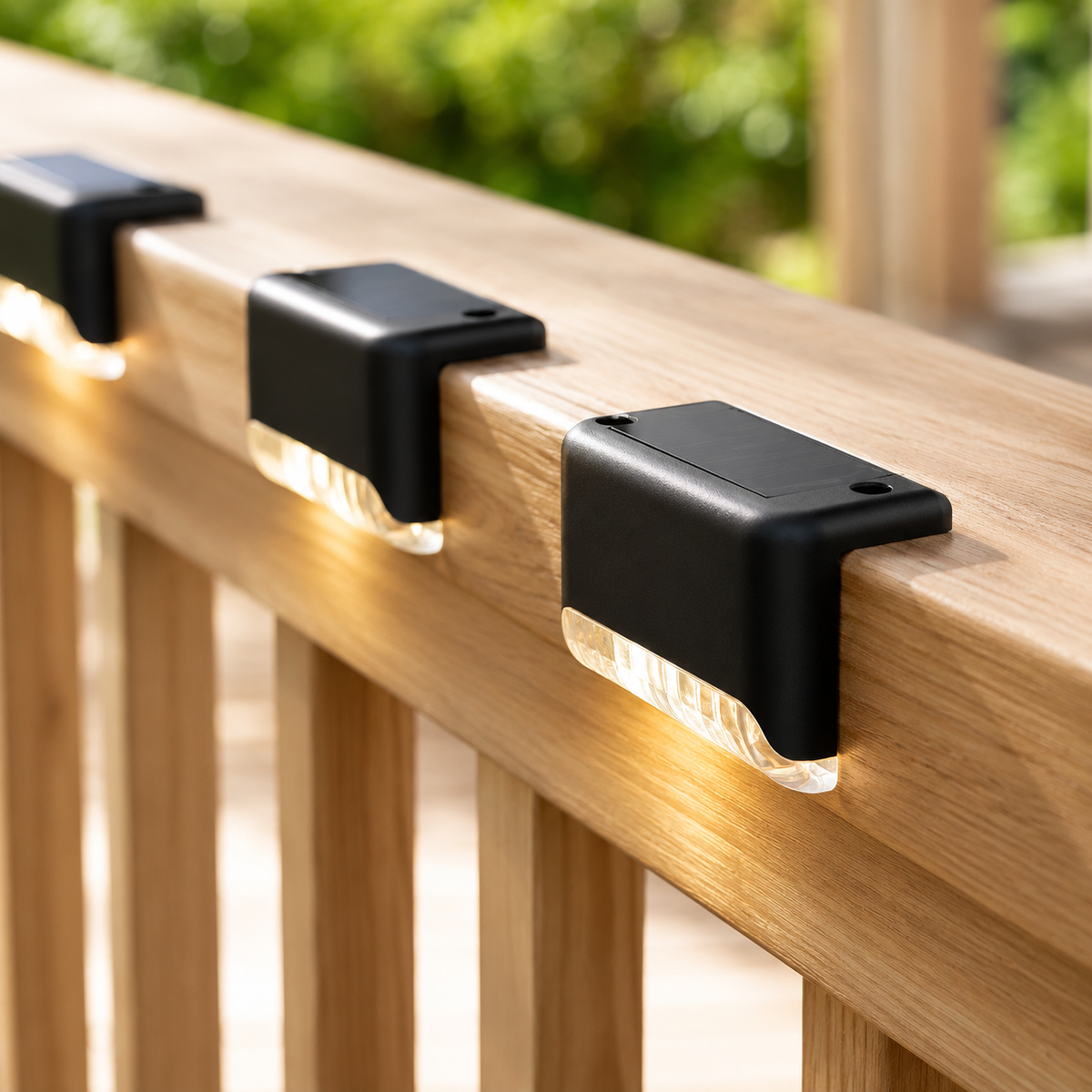 GLOWSTEP solar step lights mounted on an outdoor rail