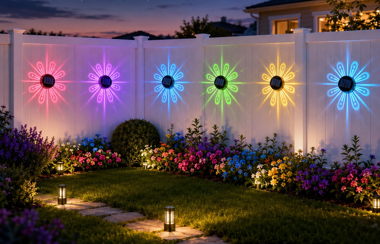 Solora Bloom lights glowing in different colors along a white fence above a flower garden