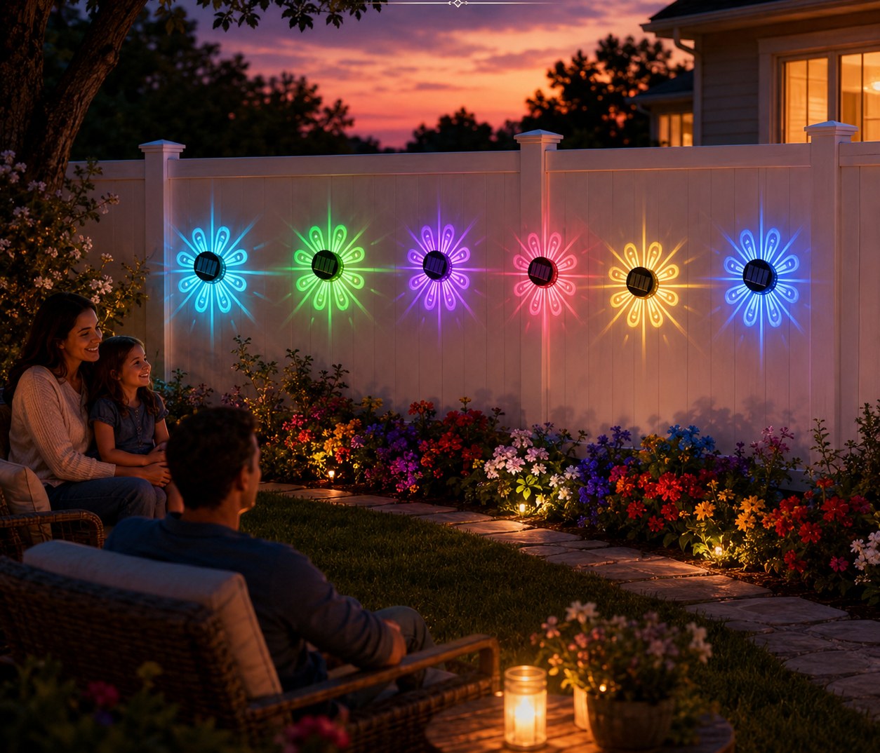 Backyard lit by colorful Solora Bloom lights at sunset