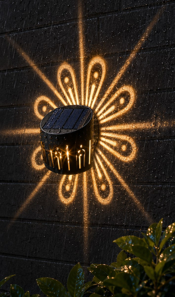 Solora Bloom light casting a warm sunburst glow on a brick wall in the rain