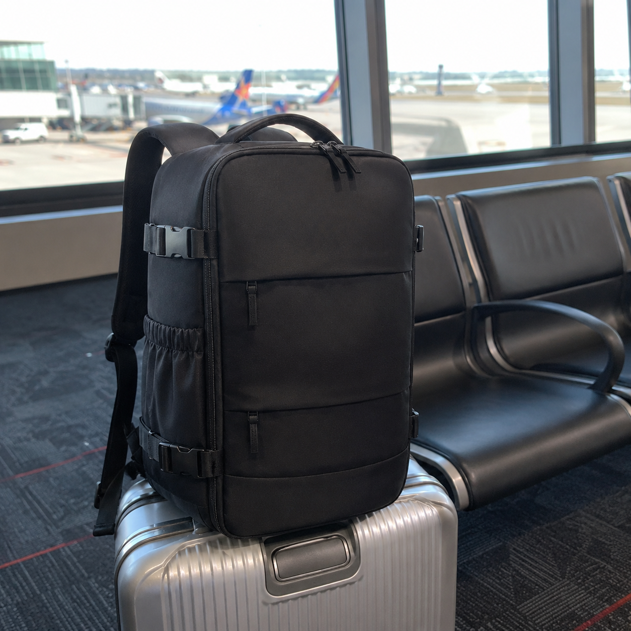 Backpack resting on a roller suitcase at the airport gate