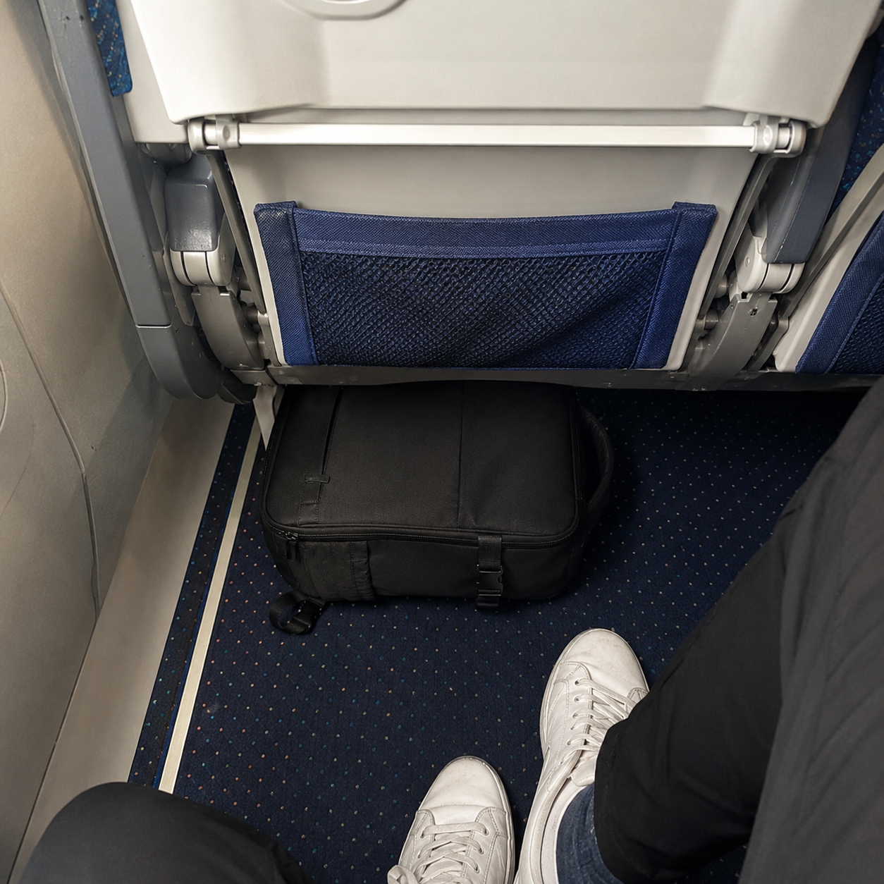 Backpack stowed under the airplane seat